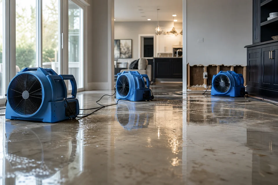 Reference image of a water-affected interior with drying equipment; not actual company work